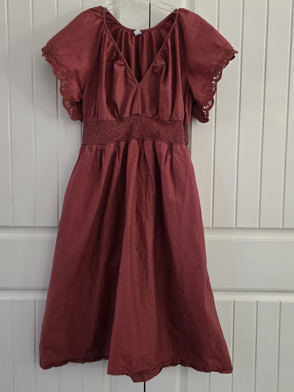 Old Navy Rust Red Smocked Midi Dress Eyelet Flutter Sleeve Cottagecore Size XL